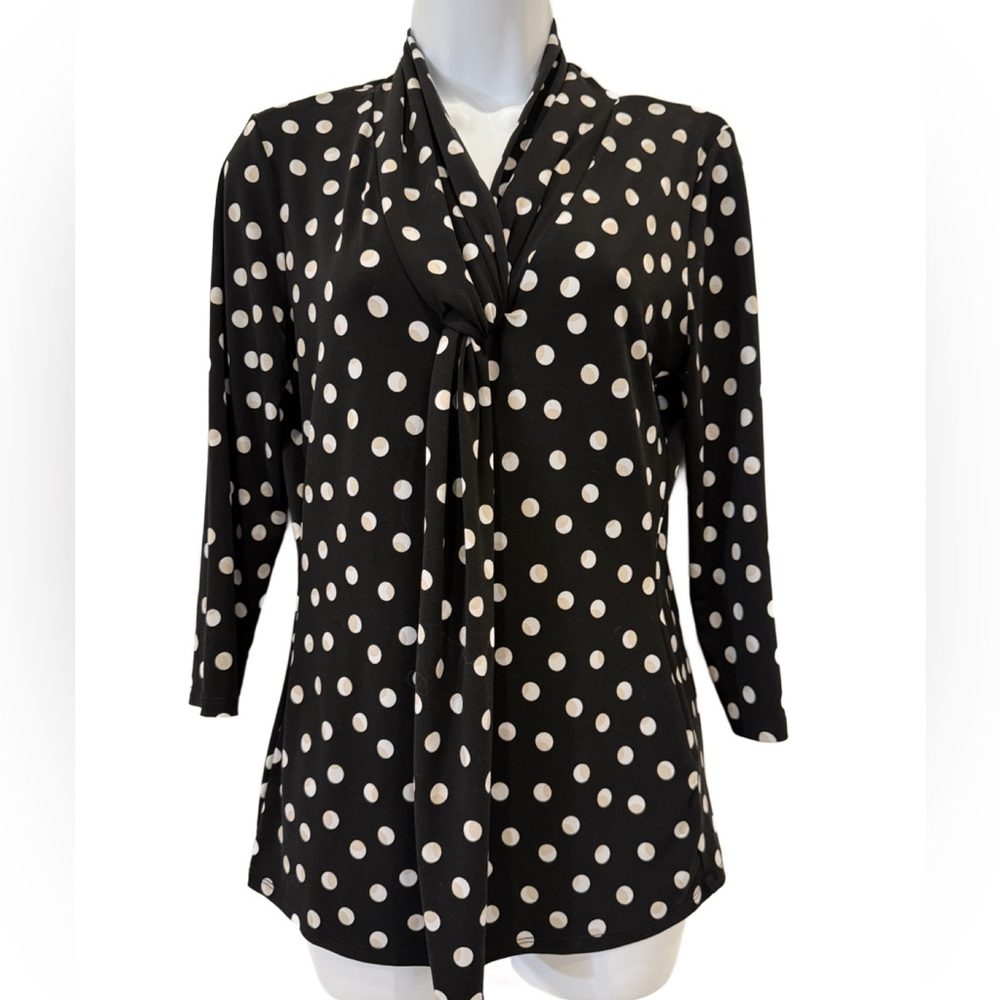 Tahari Black and White Polka Dot Blouse. Petite Medium